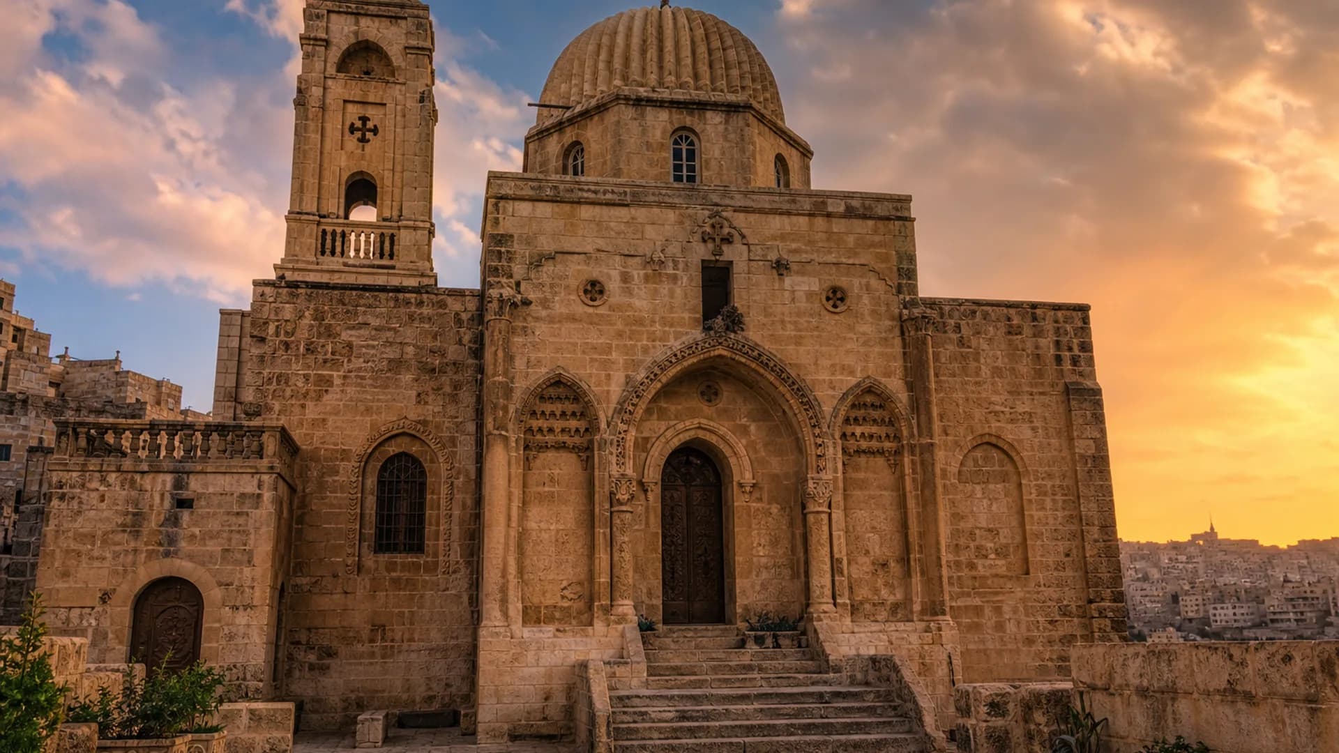 Mardin taş kilise duvarları ve gün batımı atmosferinde Medyum Feraye Hoca manevi danışmanlık görseli